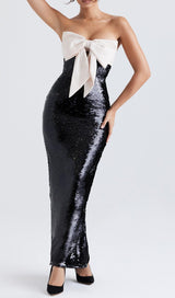 BLACK SEQUIN STRAPLESS BOW DRESS