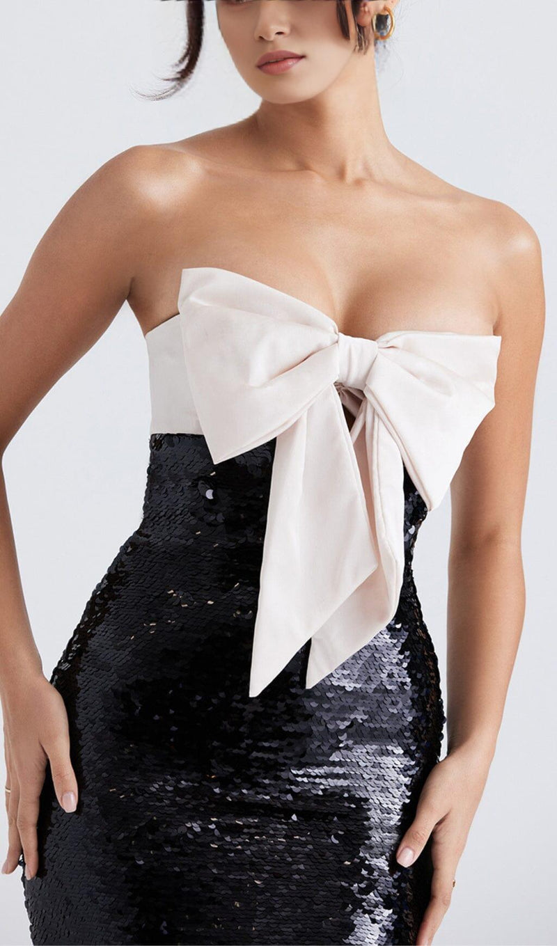 BLACK SEQUIN STRAPLESS BOW DRESS