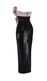 BLACK SEQUIN STRAPLESS BOW DRESS