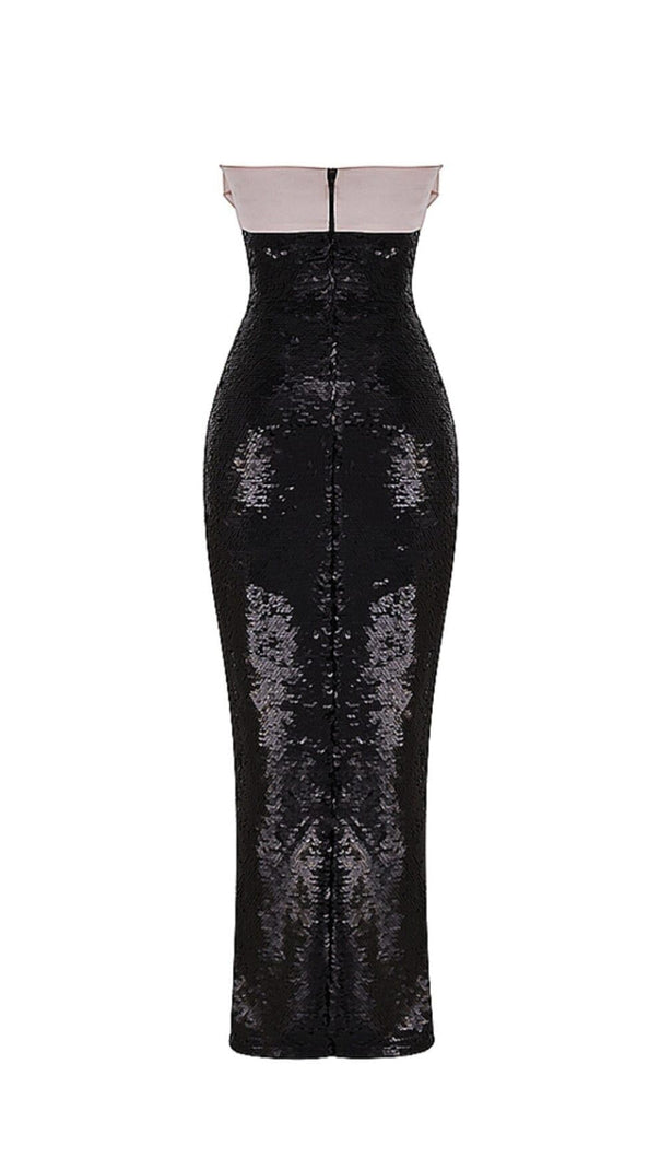 SCHWARZES TRÄGERLOSES KLEID MIT PAILLETTEN UND SCHLEIFE