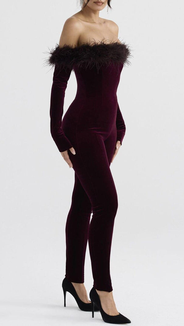 AIIZIE BLACK CHERRY VELVET JUMPSUIT - product image