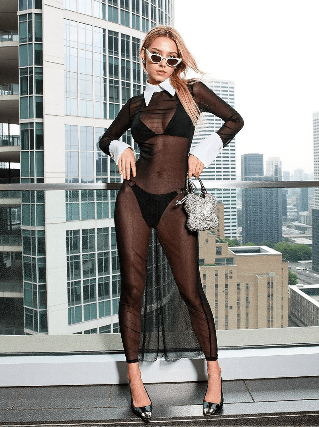 LUCIO FOLDED COLLAR MESH DRESS