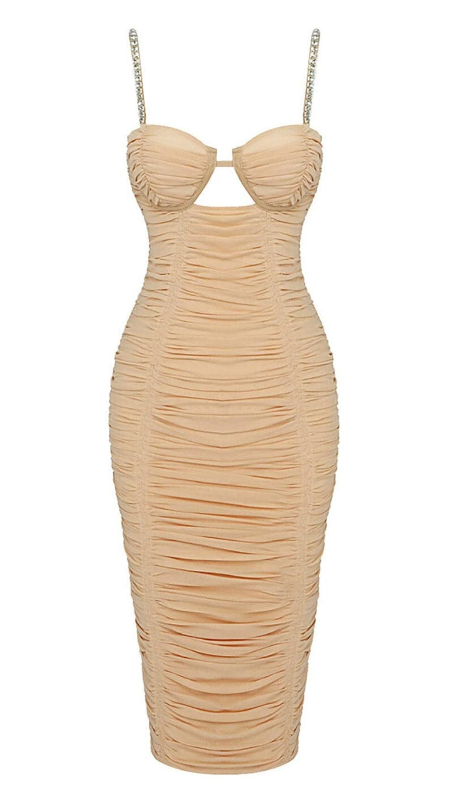 ABITO MIDI IN RETE CON SPALLINE E PAILLETTES COLOR NUDE