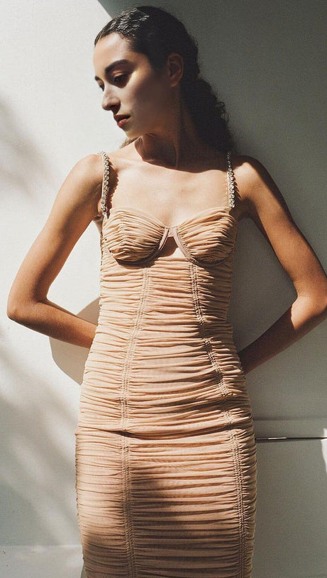 ABITO MIDI IN RETE CON SPALLINE E PAILLETTES COLOR NUDE