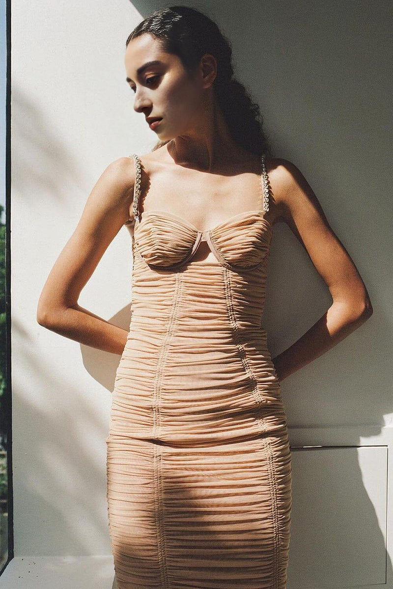 NUDE STRAPPY SEQUINS EMBELLISHED MESH MIDI DRESS