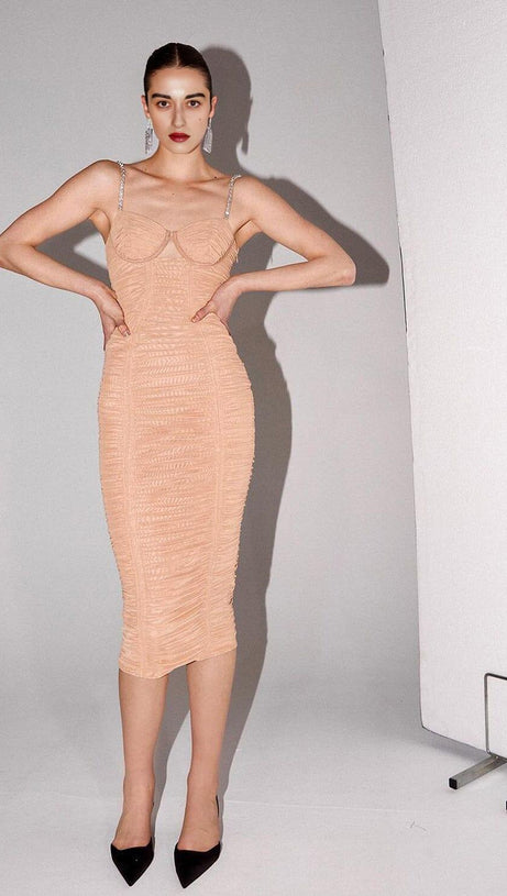 ABITO MIDI IN RETE CON SPALLINE E PAILLETTES COLOR NUDE