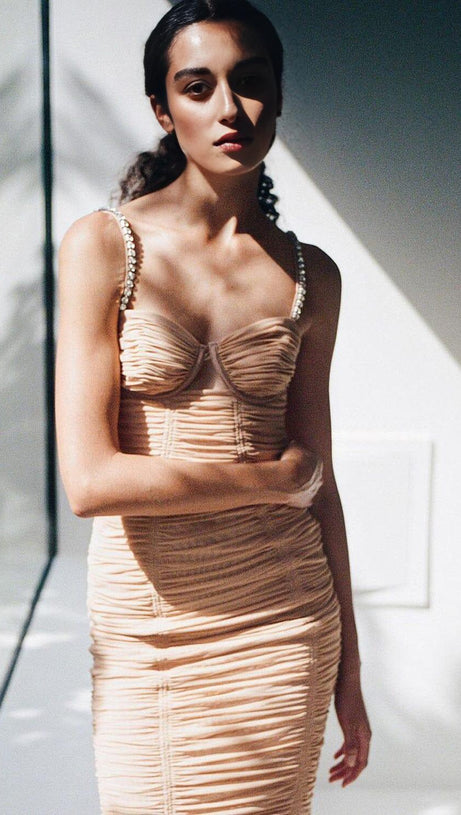 ABITO MIDI IN RETE CON SPALLINE E PAILLETTES COLOR NUDE