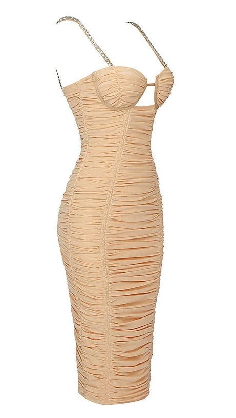 ABITO MIDI IN RETE CON SPALLINE E PAILLETTES COLOR NUDE