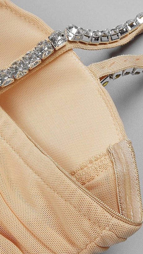 ABITO MIDI IN RETE CON SPALLINE E PAILLETTES COLOR NUDE