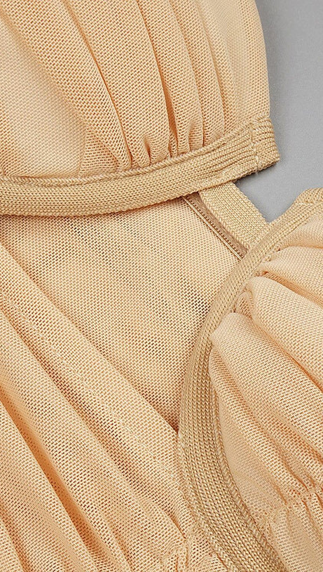 ABITO MIDI IN RETE CON SPALLINE E PAILLETTES COLOR NUDE