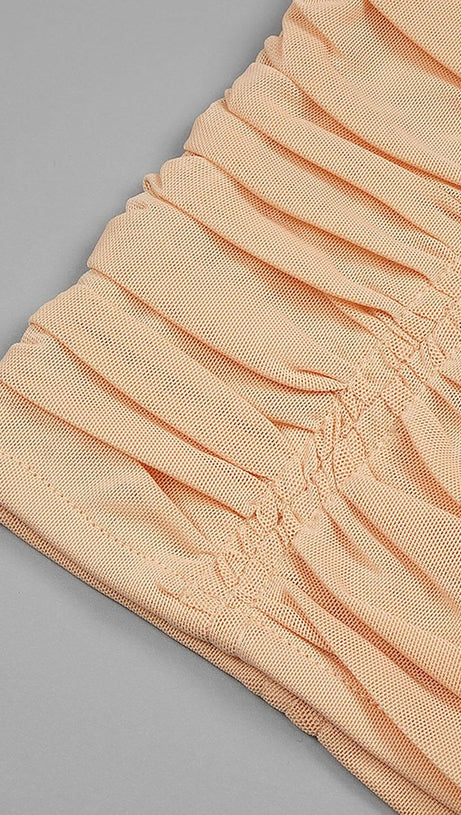 ABITO MIDI IN RETE CON SPALLINE E PAILLETTES COLOR NUDE