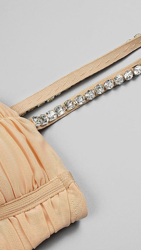 ABITO MIDI IN RETE CON SPALLINE E PAILLETTES COLOR NUDE