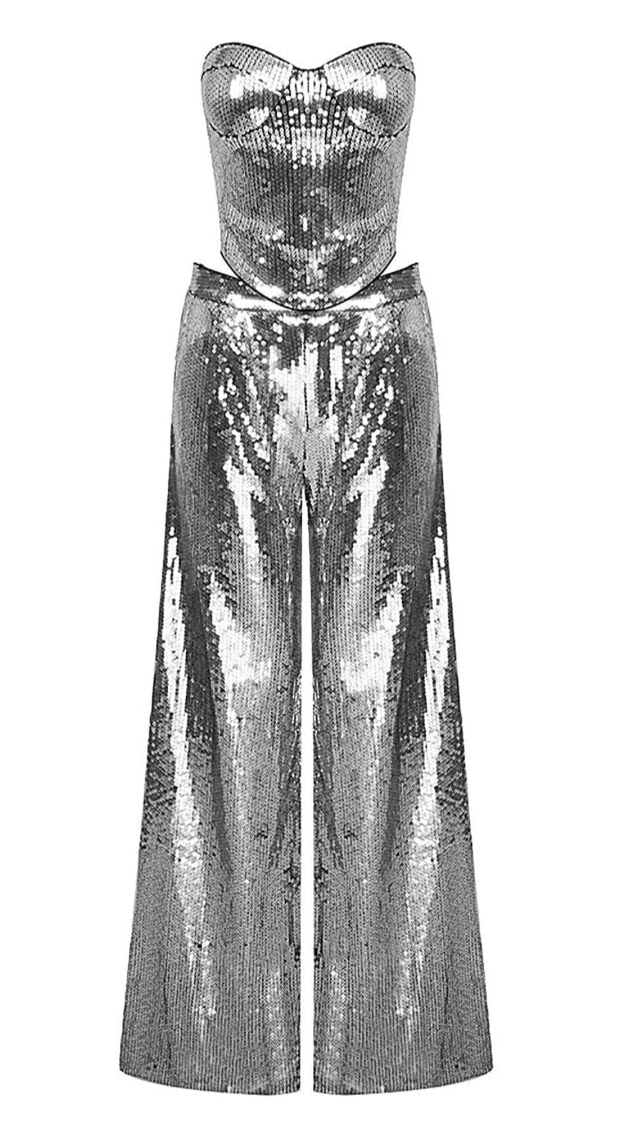 COMPLETO DUE PEZZI CON TOP E PANTALONI IN PAILLETTES ARGENTO SENZA SPALLINE