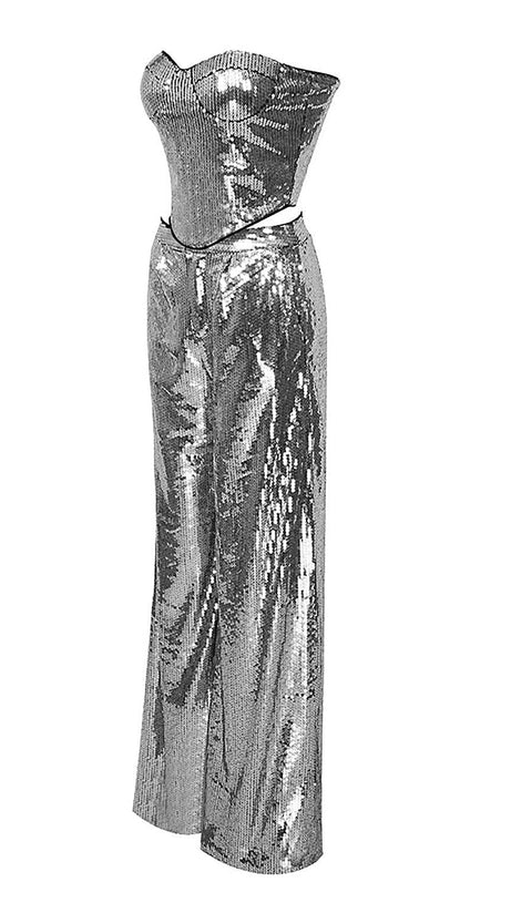 COMPLETO DUE PEZZI CON TOP E PANTALONI IN PAILLETTES ARGENTO SENZA SPALLINE