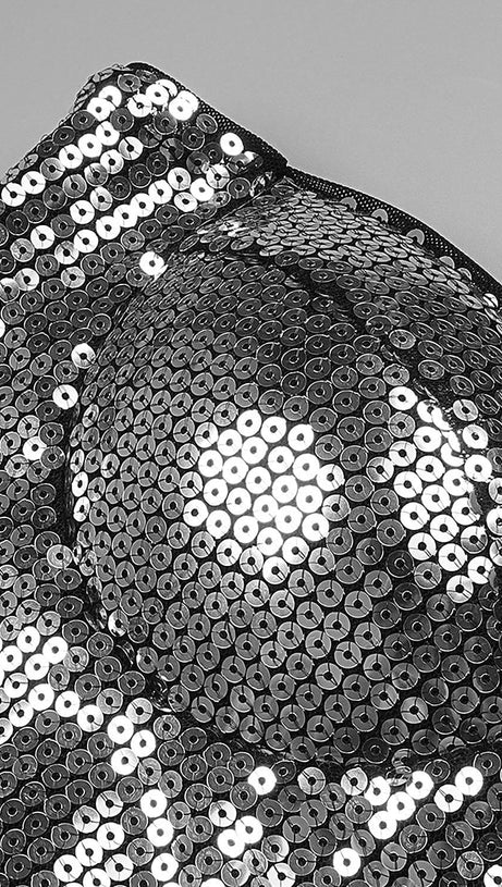 COMPLETO DUE PEZZI CON TOP E PANTALONI IN PAILLETTES ARGENTO SENZA SPALLINE