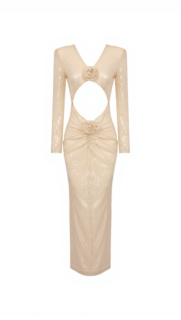 AIIZIE ISAK LONG SLEEVE FLOWER CUTOUT SEQUIN DRESS IN APRICOT - product image