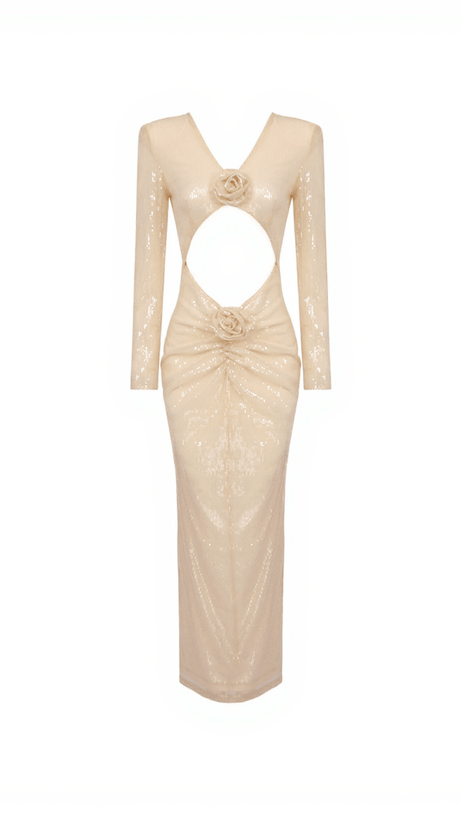 ISAK LONG SLEEVE FLOWER CUTOUT SEQUIN DRESS IN APRICOT