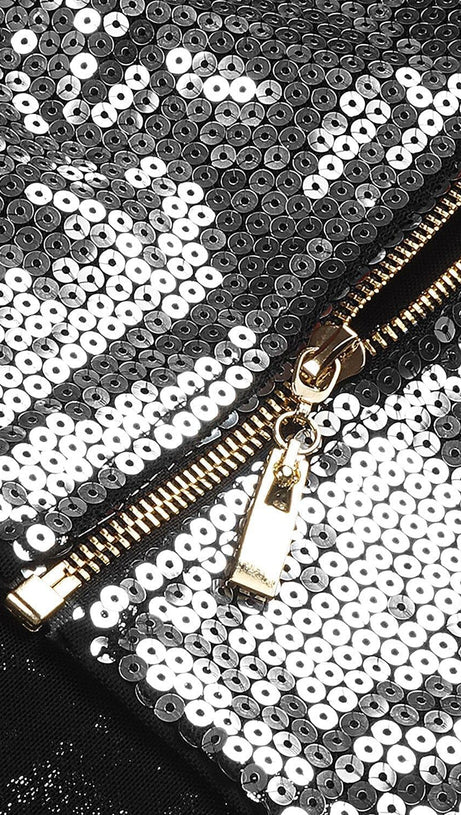 COMPLETO DUE PEZZI CON TOP E PANTALONI IN PAILLETTES ARGENTO SENZA SPALLINE