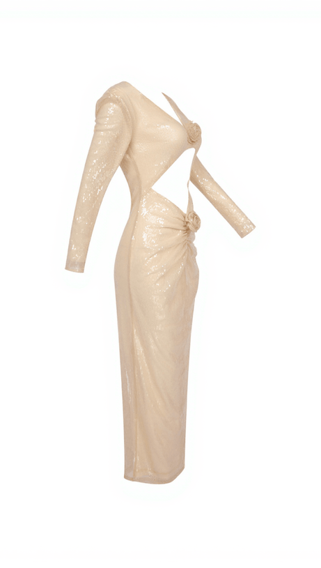 ISAK LONG SLEEVE FLOWER CUTOUT SEQUIN DRESS IN APRICOT