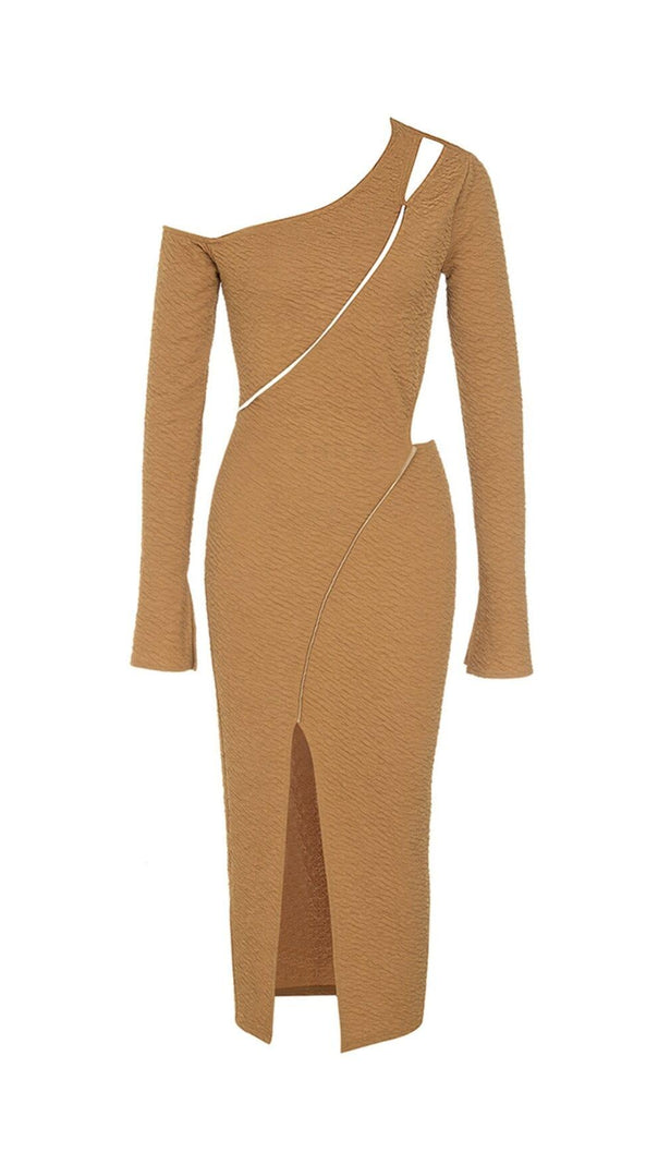 Stretch Jacquard One Shoulder Long Sleeves Midi Dress in Kumquat
