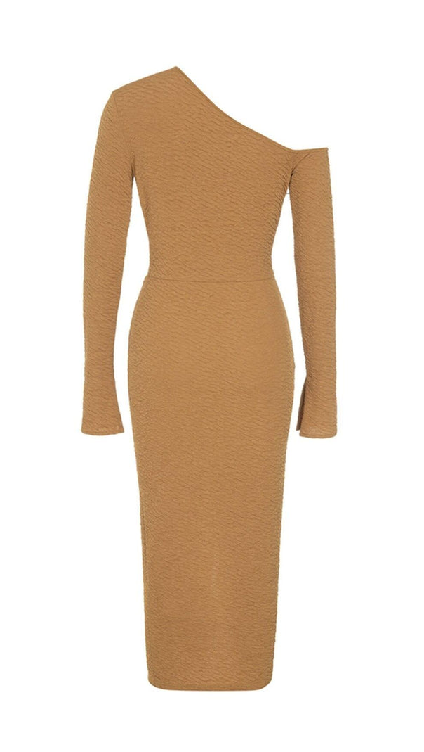 Stretch Jacquard One Shoulder Long Sleeves Midi Dress in Kumquat