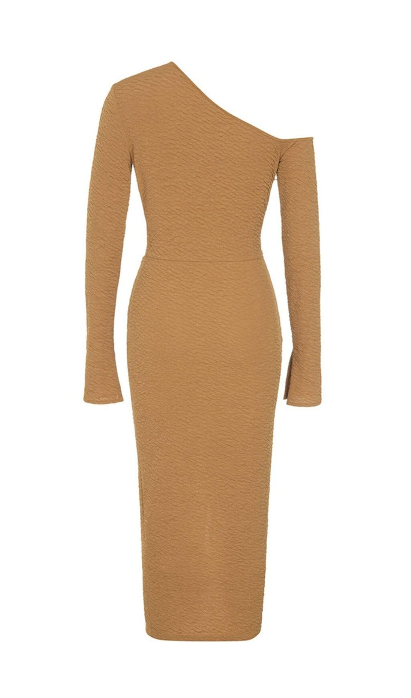 STRETCH JACQUARD ONE SHOULDER LONG SLEEVES MIDI DRESS IN KUMQUAT