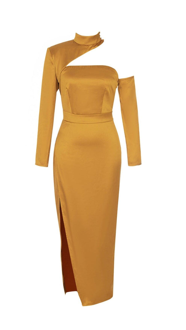 AIIZIE SATIN ONE SHOULDER LONG SLEEVES MAXI DRESS IN PAPAYA SMOOTHIE - product image