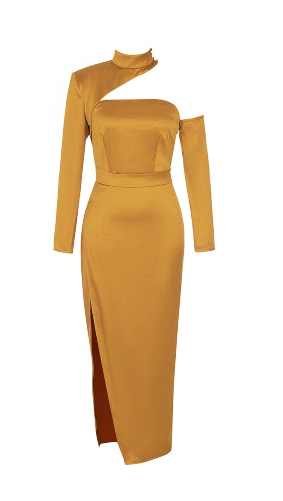SATIN ONE SHOULDER LONG SLEEVES MAXI DRESS IN PAPAYA SMOOTHIE