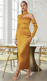 SATIN ONE SHOULDER LONG SLEEVES MAXI DRESS IN PAPAYA SMOOTHIE