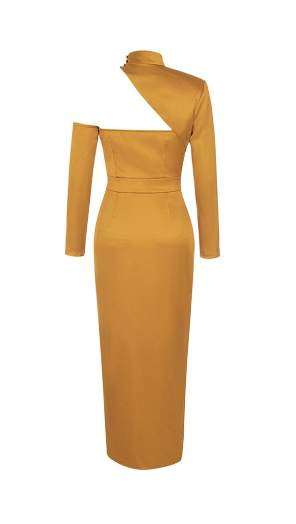 AIIZIE SATIN ONE SHOULDER LONG SLEEVES MAXI DRESS IN PAPAYA SMOOTHIE - product image
