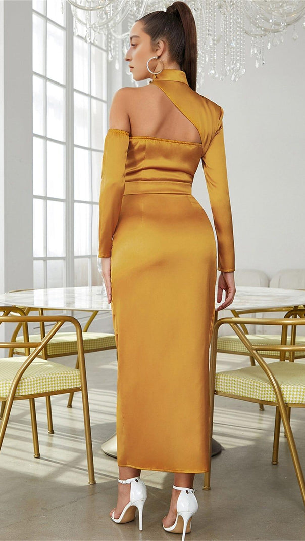 AIIZIE SATIN ONE SHOULDER LONG SLEEVES MAXI DRESS IN PAPAYA SMOOTHIE - product image