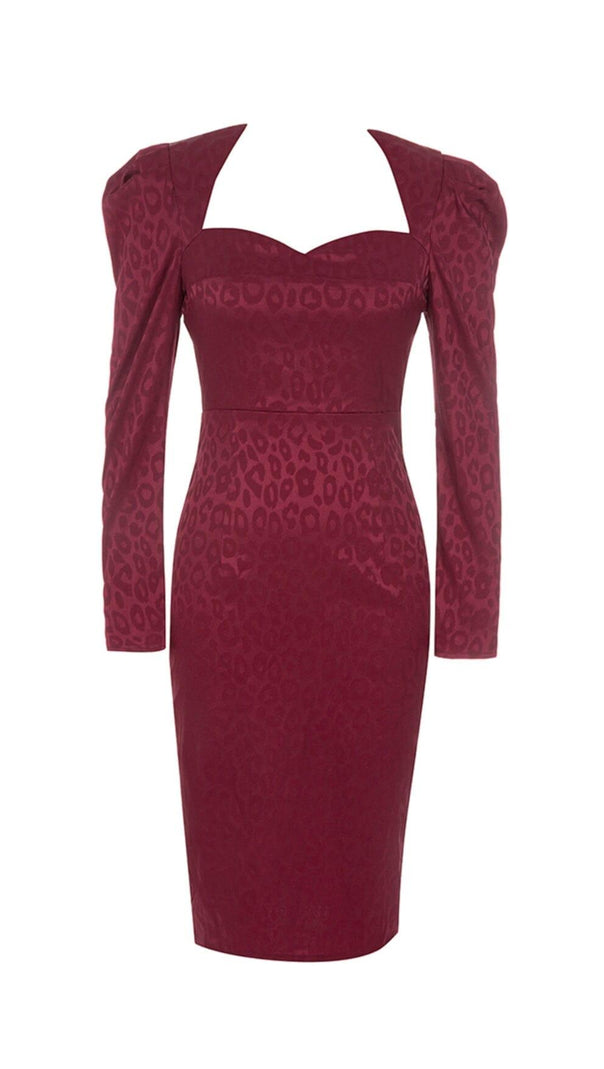 Jacquard Long Sleeves Midi Dress in Intense Rust