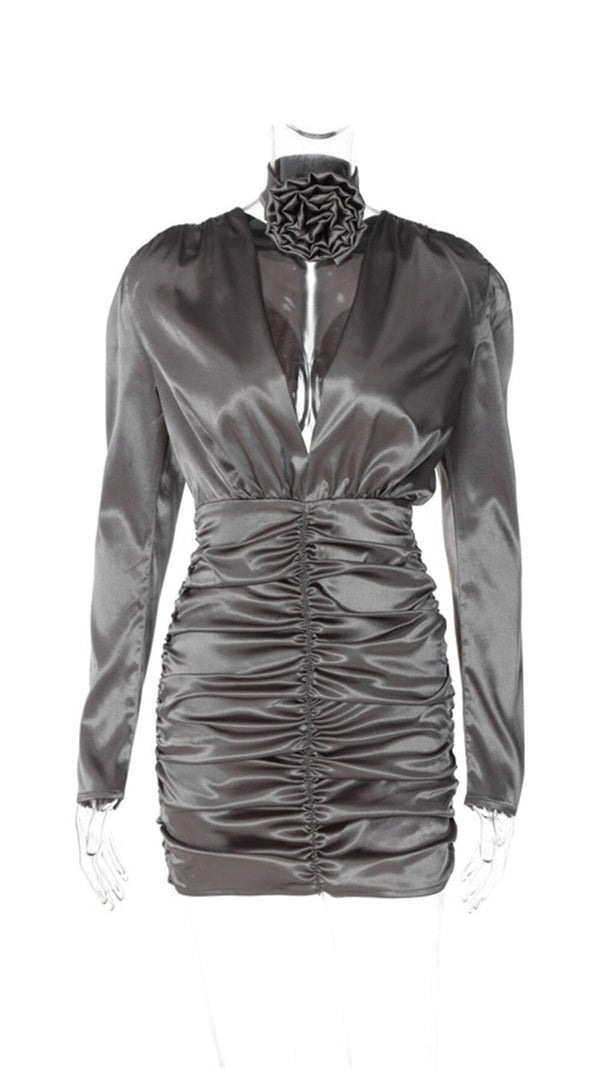 Sexy Slim Deep V Long Sleeves Silk Similar Mini Dress