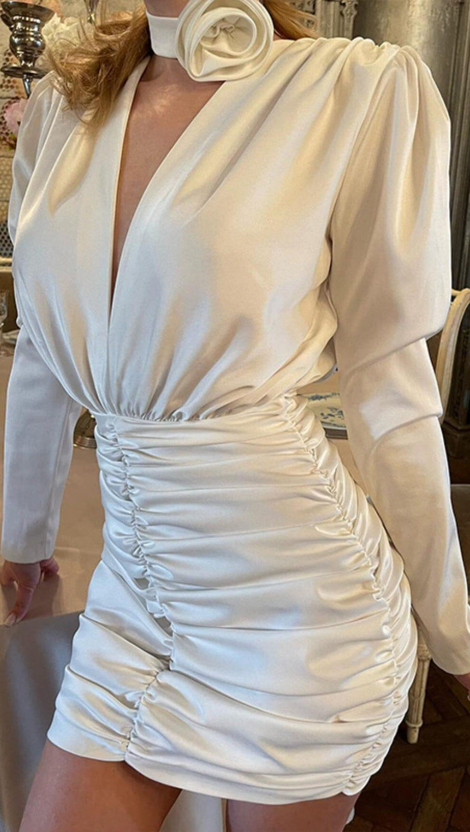 SEXY SLIM DEEP V LONG SLEEVES SILK SIMILAR MINI DRESS