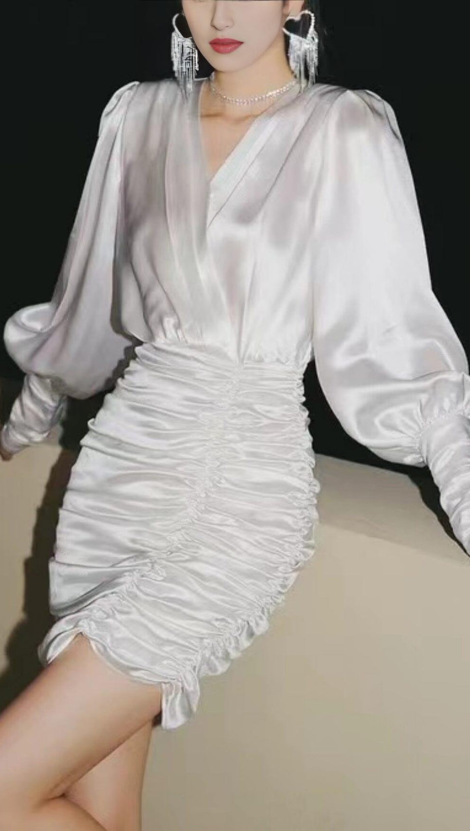 SEXY SLIM DEEP V LONG SLEEVES SILK SIMILAR MINI DRESS