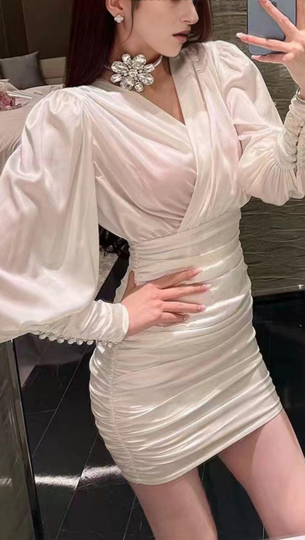 Sexy Slim Deep V Long Sleeves Silk Similar Mini Dress