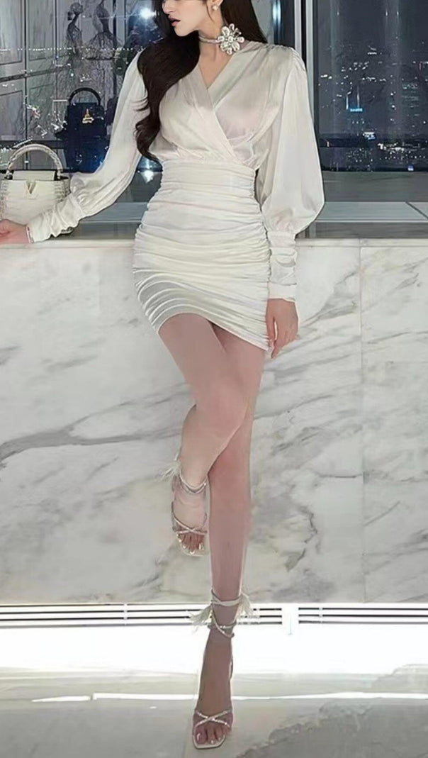 Sexy Slim Deep V Long Sleeves Silk Similar Mini Dress