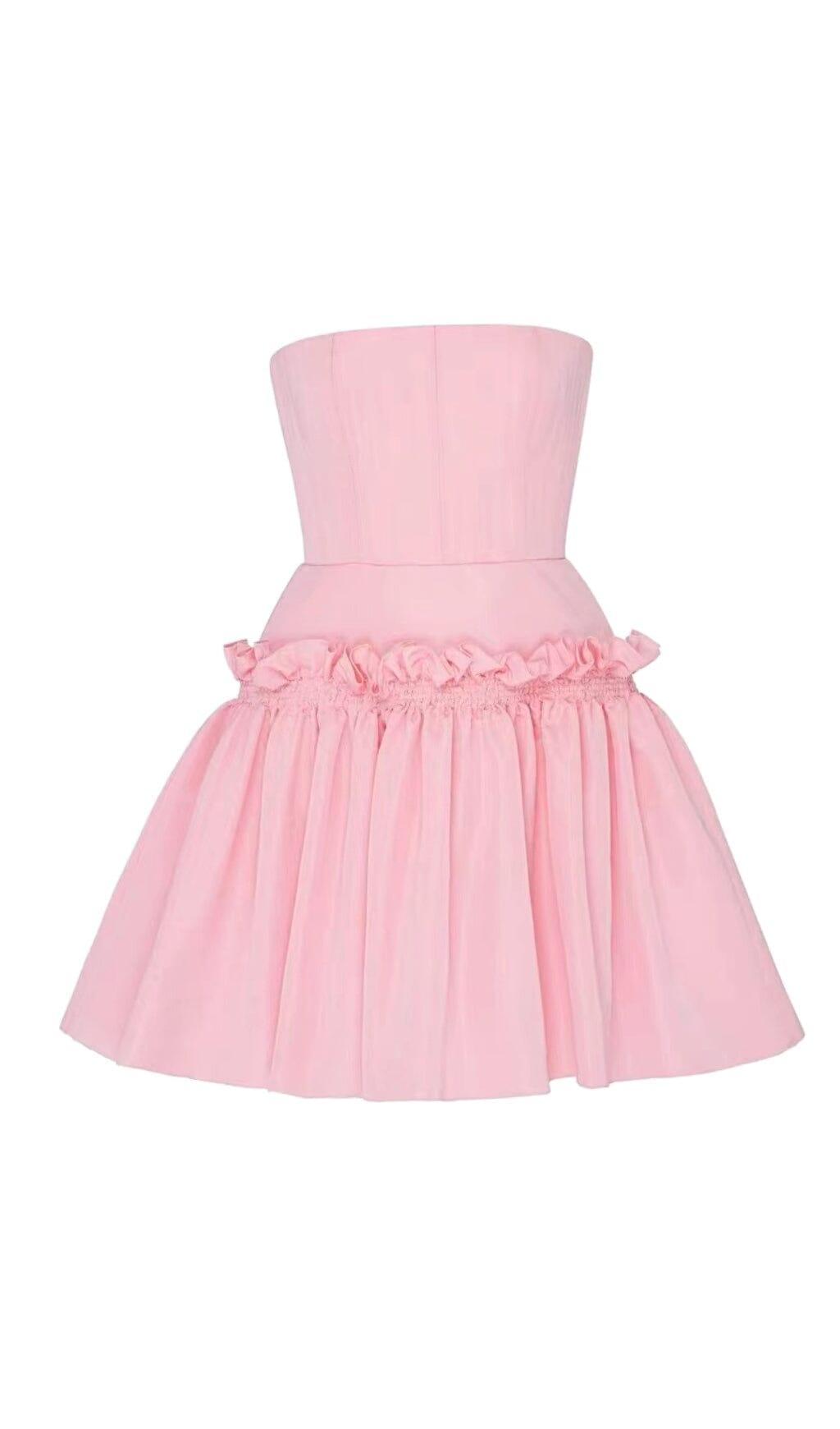 MINI ABITO SENZA SPALLINE CON MANICHE A VOLANT IN ROSA TENUE