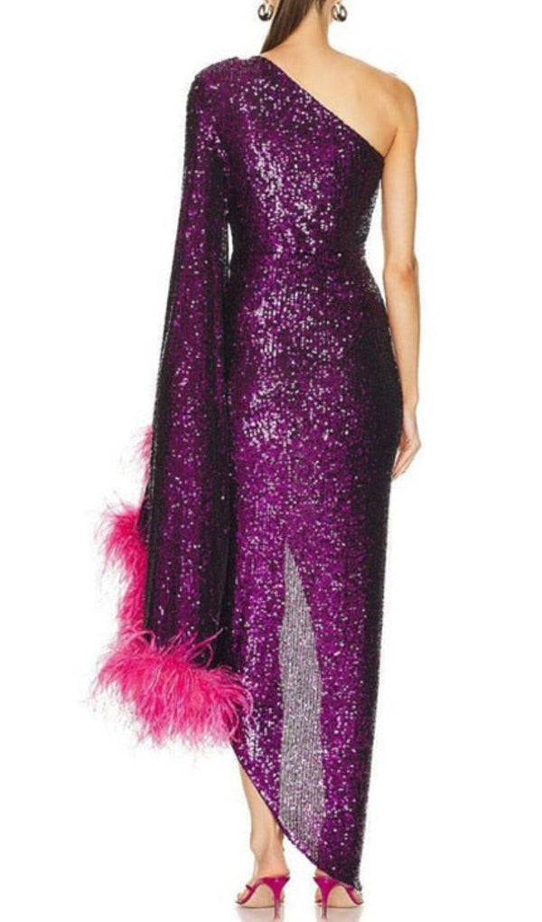 ONE SHOULDER FEATHER SEQUINS LONG SLEEVE SLIT MAXI DRESS