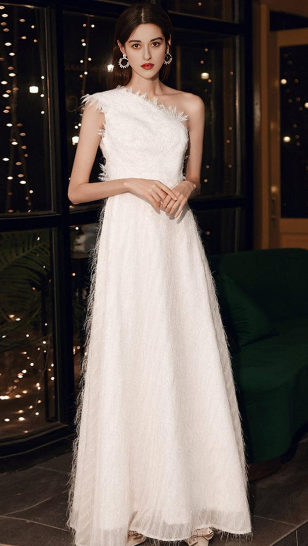 AIIZIE PLAIN CLOTH FEATHER ONE SHOULDER MAXI DRESS IN WHITE - product image