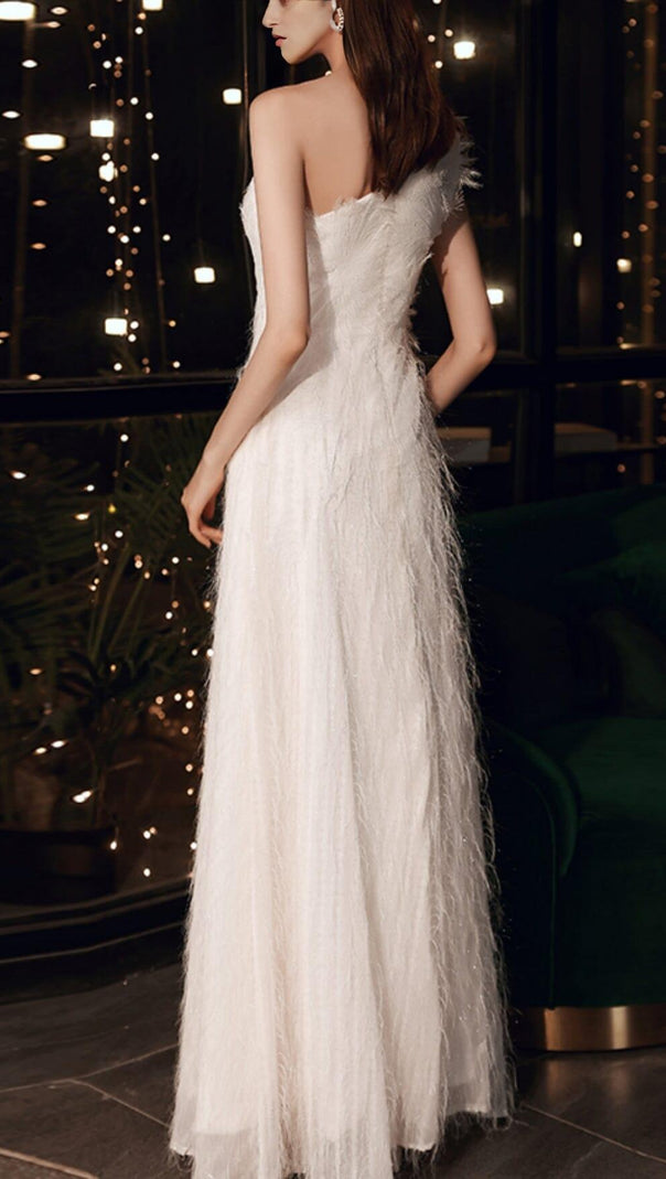 AIIZIE PLAIN CLOTH FEATHER ONE SHOULDER MAXI DRESS IN WHITE - product image
