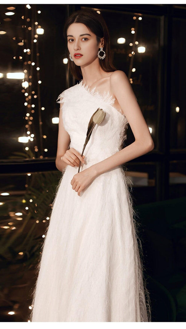 AIIZIE PLAIN CLOTH FEATHER ONE SHOULDER MAXI DRESS IN WHITE - product image