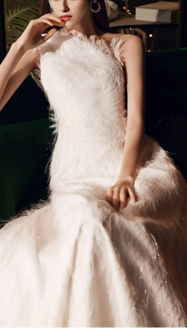 AIIZIE PLAIN CLOTH FEATHER ONE SHOULDER MAXI DRESS IN WHITE - product image