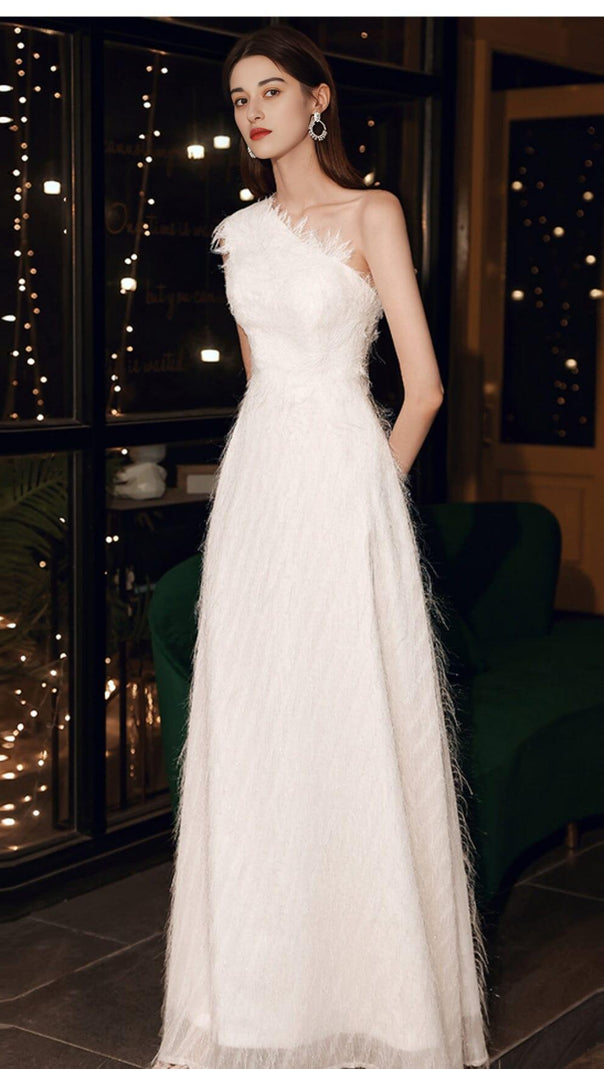 AIIZIE PLAIN CLOTH FEATHER ONE SHOULDER MAXI DRESS IN WHITE - product image
