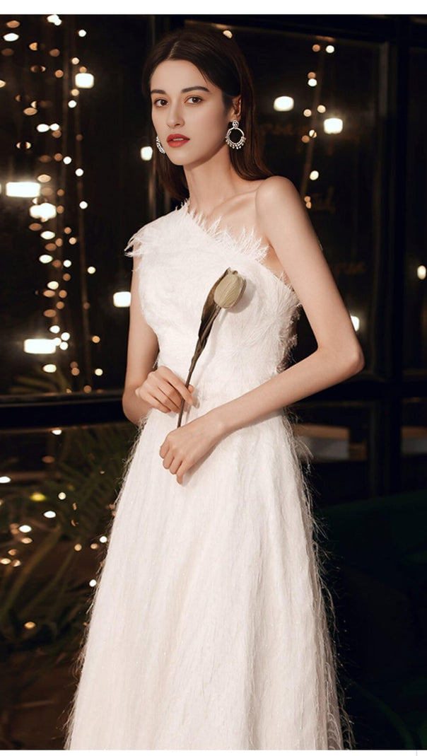 AIIZIE PLAIN CLOTH FEATHER ONE SHOULDER MAXI DRESS IN WHITE - product image