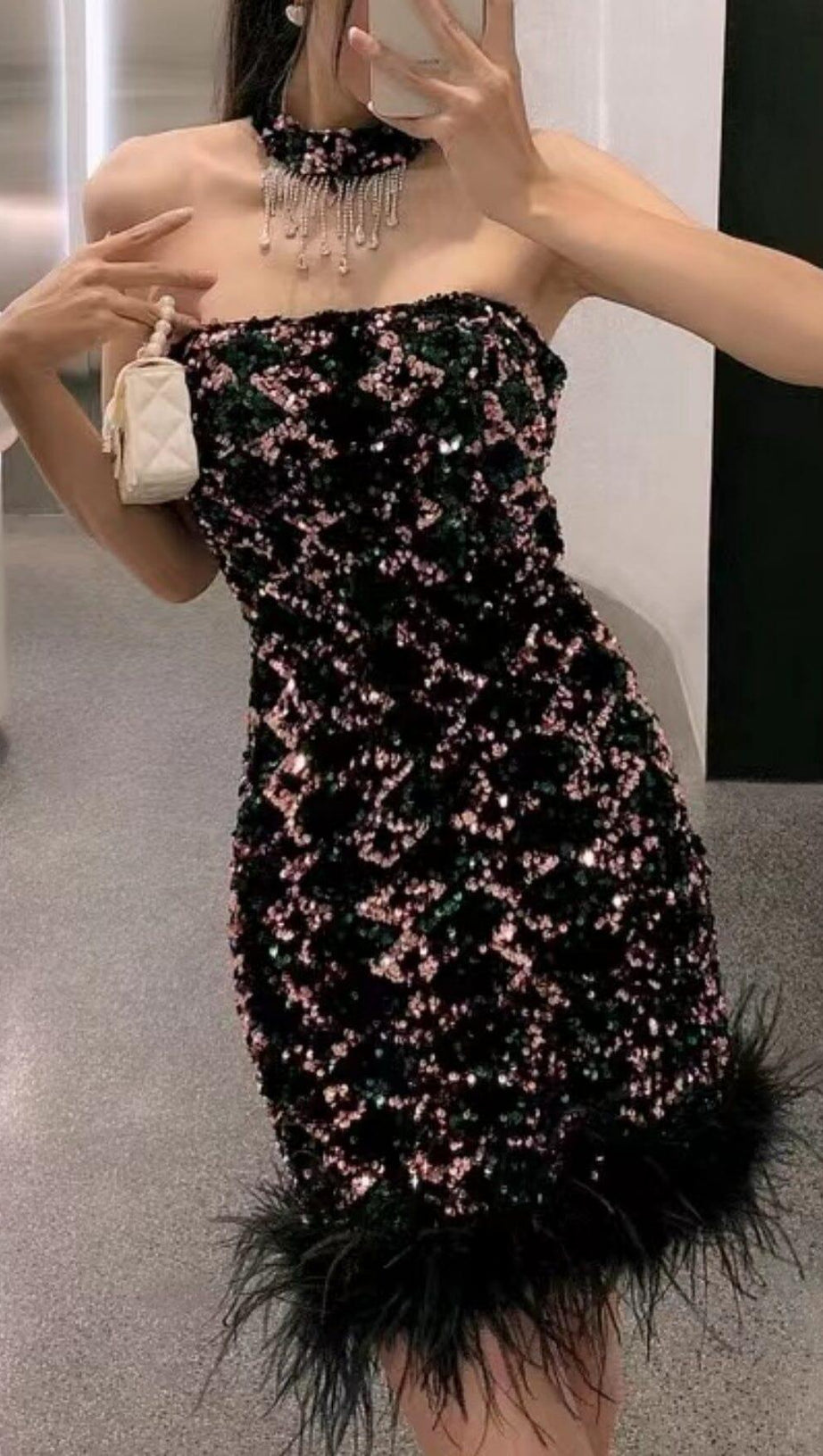 SEQUIN STRAPLESS SLEEVES MINI DRESS IN BLACK