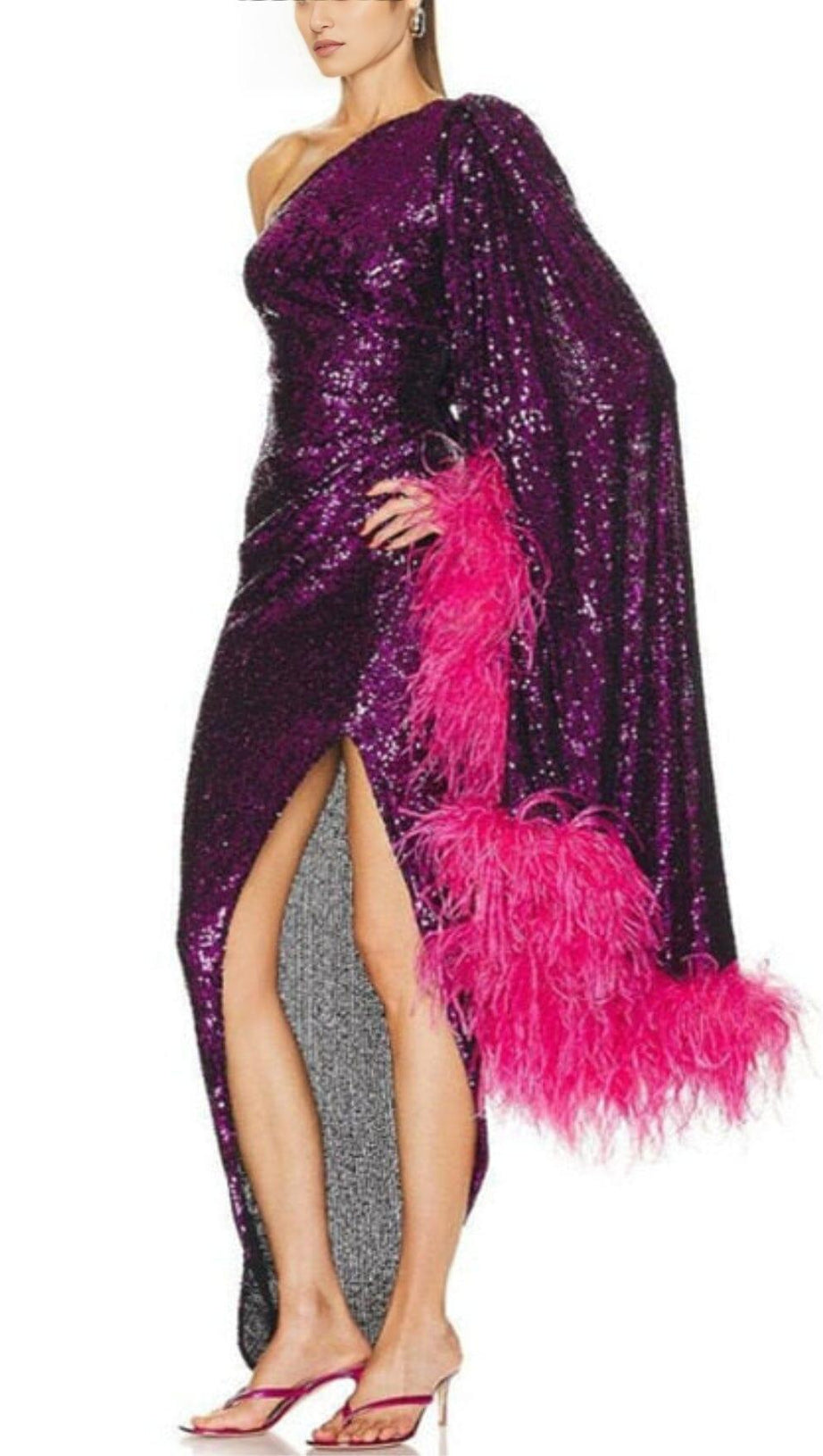 ONE SHOULDER FEATHER SEQUINS LONG SLEEVE SLIT MAXI DRESS