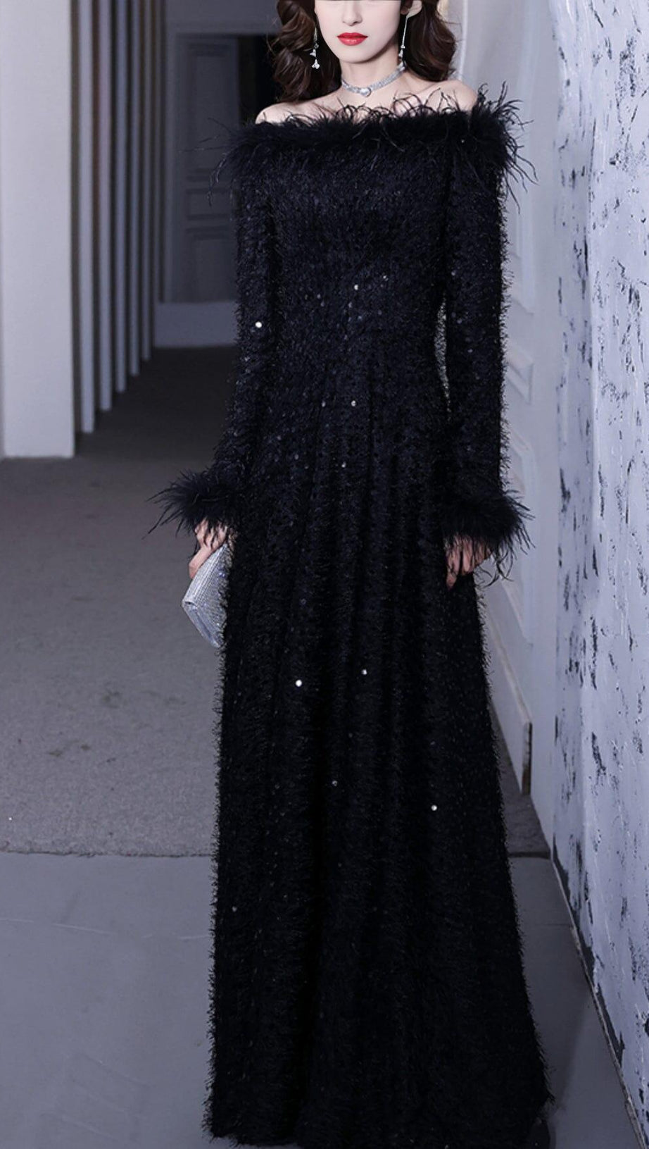 SEQUIN SEXY OFF SHOULDER FEATHER LONG SLEECES GOWN IN BLACK