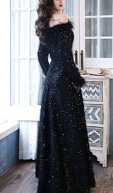 SEQUIN SEXY OFF SHOULDER FEATHER LONG SLEECES GOWN IN BLACK