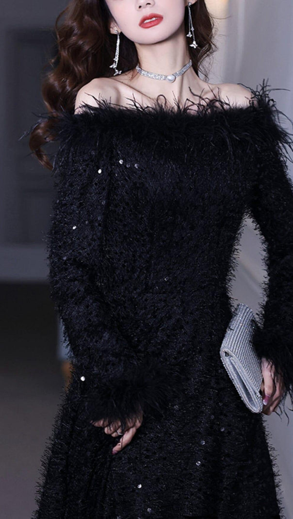 AIIZIE SEQUIN SEXY OFF SHOULDER FEATHER LONG SLEECES GOWN IN BLACK - product image
